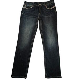 Miss Me Easy Straight Jeans Metallic Embroidery Rhinestone Bling- Womens Size 33